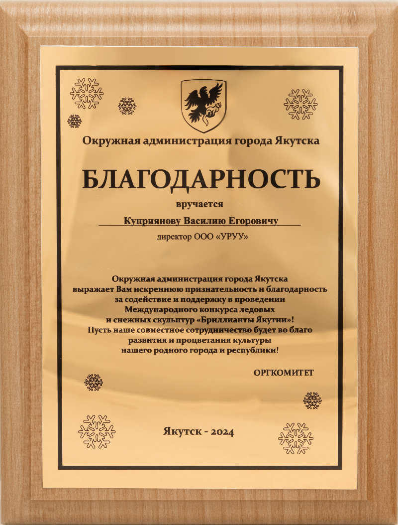 Благодарственное письмо Конкурс ледовых и снежных скульптур Бриллианты Якутии 2024